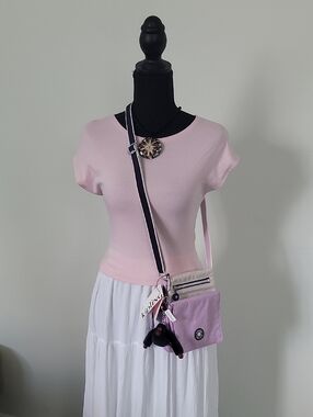 Kipling Two-Tone Lilac & Beige Crossbody Pouch with Navy-Trim Strap